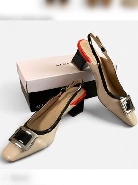 NWT Alfani Beige Patent Slingback Pumps with Black Trim and Red Heel Accent